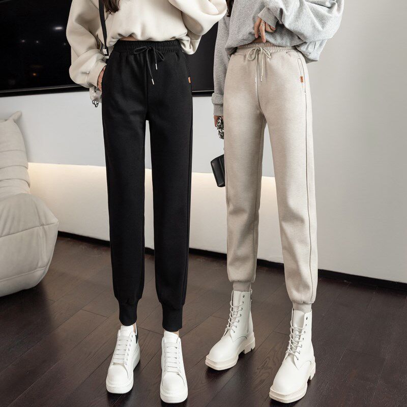 黑色运动裤女2024新款秋冬季加绒小个子毛呢裤子休闲束脚哈伦卫裤