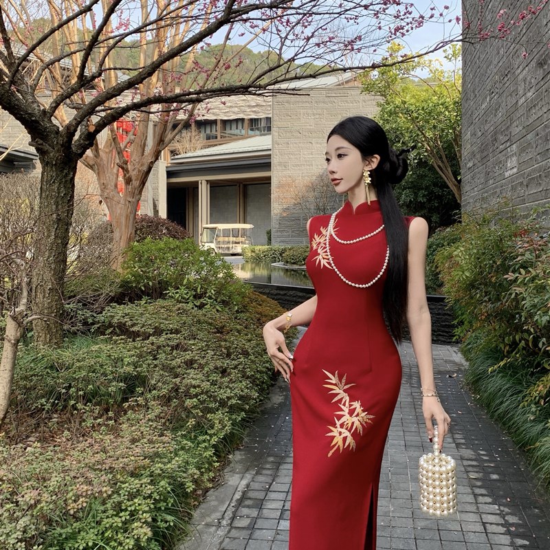 敬酒服新娘港工无袖红色订婚新中式刺绣金竹子旗袍结婚连衣裙春夏