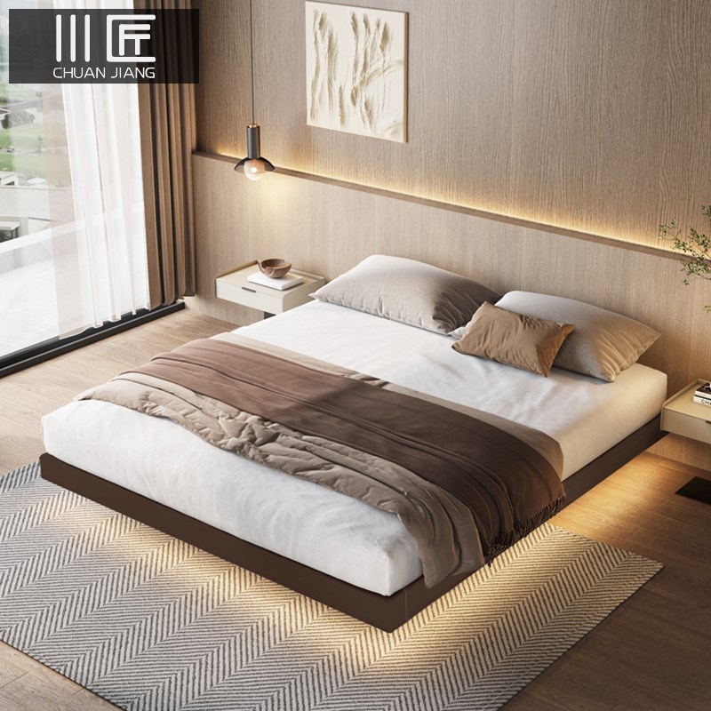 原创极简无床头悬浮床小户型新款主卧现代带感应灯纳帕真皮双人床