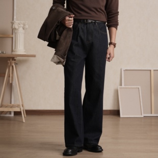 深蓝经典宽松休闲舒适百搭直筒阔腿裤百搭通勤藏青色牛仔裤