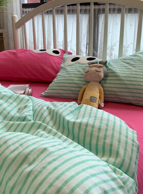日式风简约c条纹绿色刺绣床上四件套水洗棉1.5m学生公寓被套三件