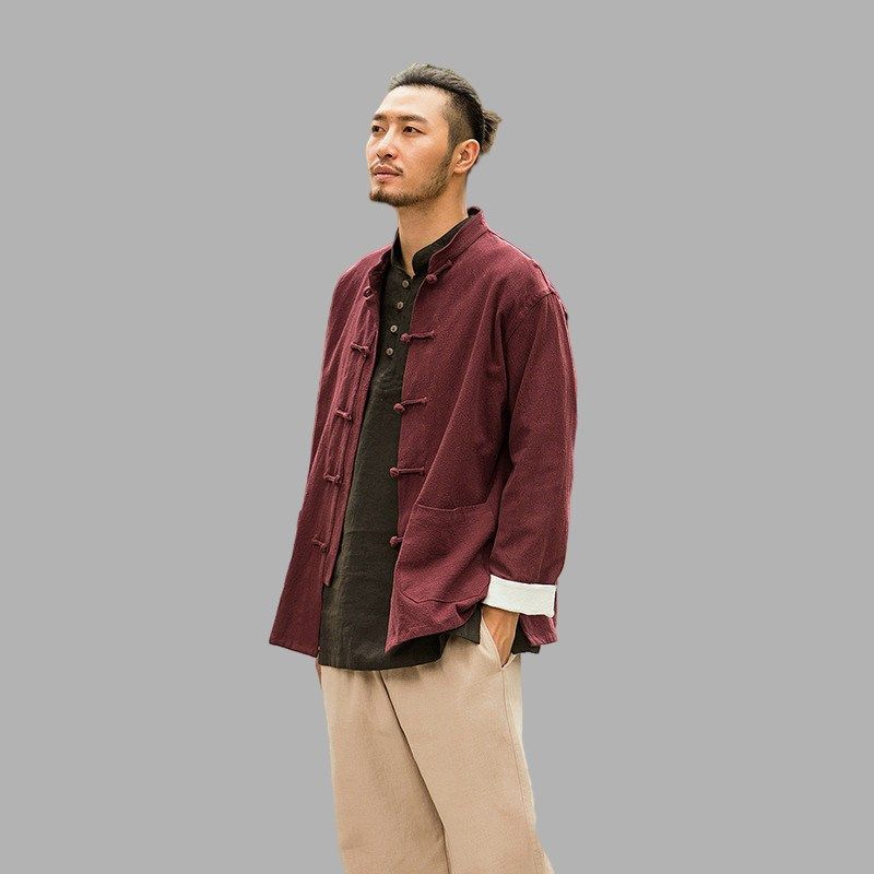 中国风唐装男中老年秋季长袖对襟衬衫开衫茶禅服父亲装中式盘扣衫