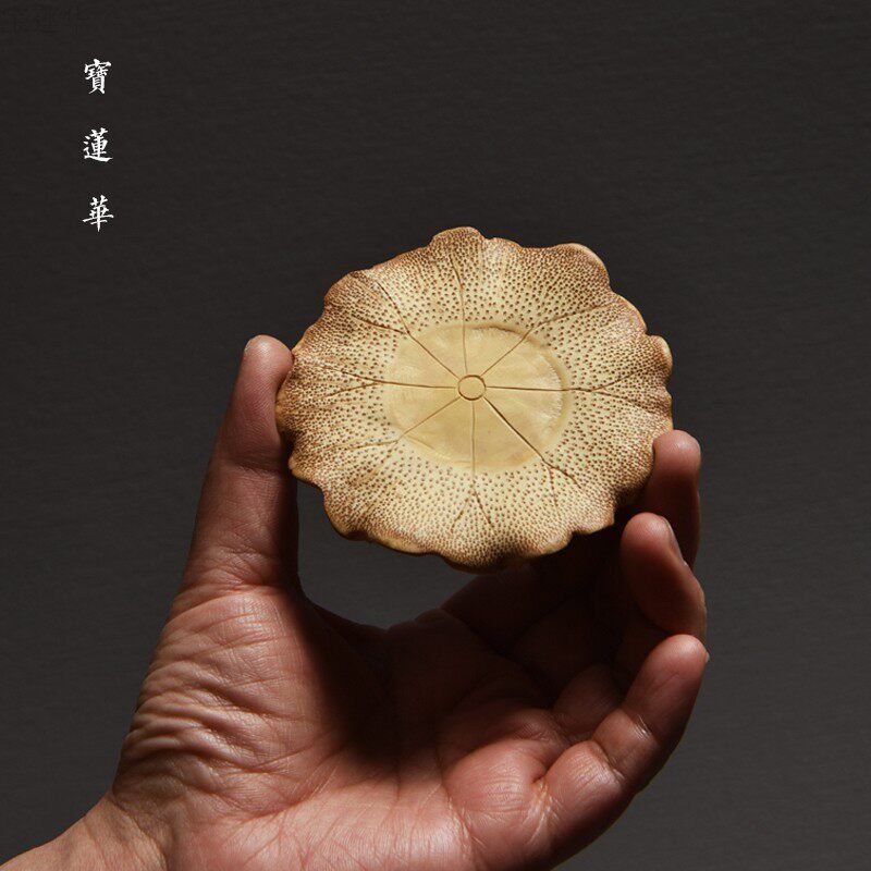 天然老竹根料手工雕荷叶小盘 竹A垫杯垫盖置杯托 竹把玩件茶玩茶