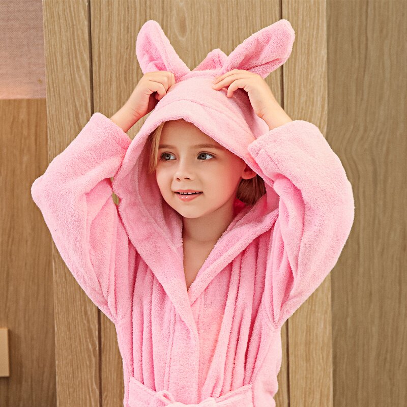 儿童浴袍纯棉毛巾料秋冬加厚浴巾女童可穿式睡袍带帽浴衣游泳宝宝