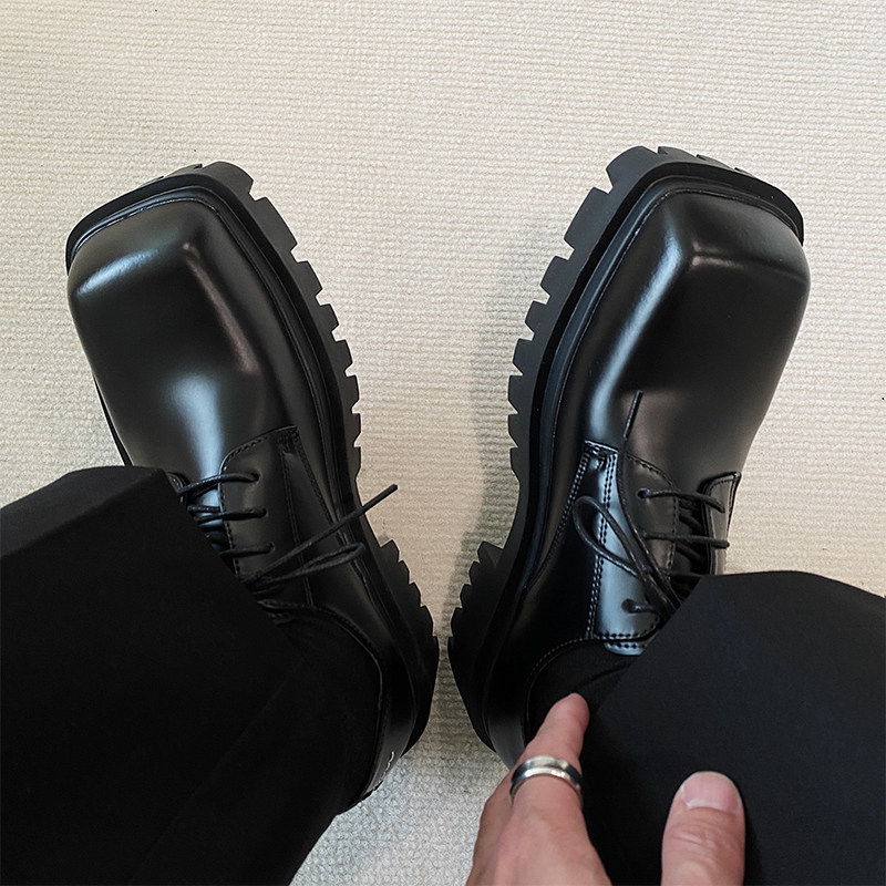 我叫得仔高级感韩版休闲增高低帮鞋百搭方头厚底T加高男士德比皮