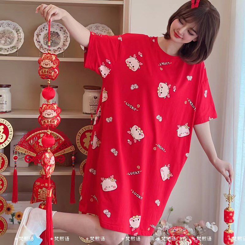 睡裙女纯棉短袖宽松韩版家居服红色卡通龙圆点薄款新年本命年春夏