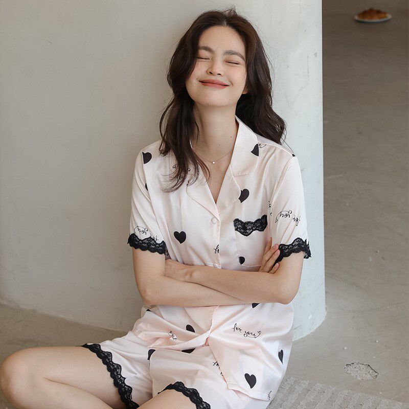 睡衣女夏季2025年新款冰丝短袖甜美爱心蕾丝薄款休闲家居服套装