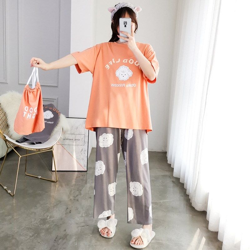 纯棉布袋卡通睡衣女短袖长裤加大码夏季两件套简约胖mm宽松家居服