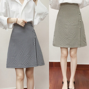 胖mm显瘦a字裙高腰单排扣中长款 半身裙秋季 格子裙200斤 女新款 大码