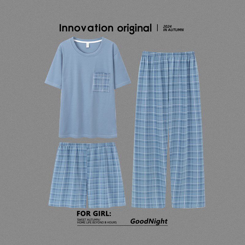 纯棉睡衣男士夏季薄款短袖短裤长裤青少年宽松大码家居服三件套装