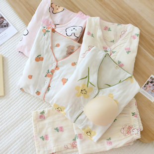 带胸垫纯棉纱布女士睡衣长袖套装春秋薄款卡通夏季空调服可外穿