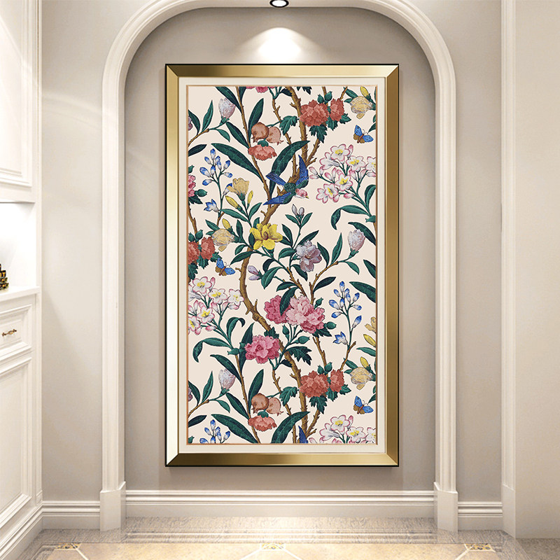 美式玄关装饰画花开富p贵进门入户走廊壁画花鸟过道挂画欧式楼梯