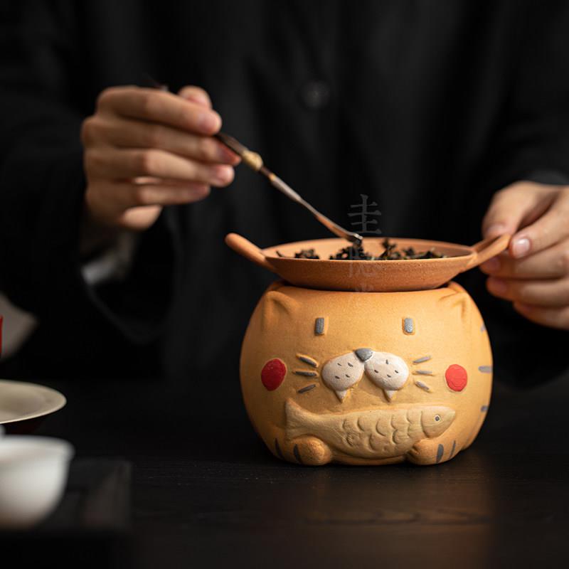 圭隐堂围炉煮茶萌猫粗陶烤茶炉烤盘套装家用蜡烛温茶暖茶炉提香器