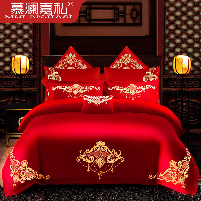 婚庆四件套刺绣新婚床品结婚大红喜庆套件龙M凤绣花婚礼婚嫁多件