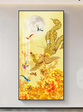新中式百鸟朝凤图国画入户v玄关装饰画花鸟茶室书房办公室竖版挂