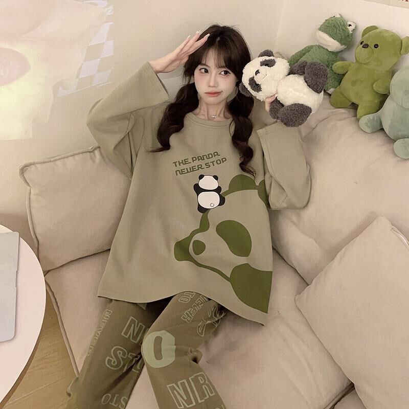 纯棉睡衣女带胸垫秋季长袖加大码胖mm女款200斤可外穿套装春秋款