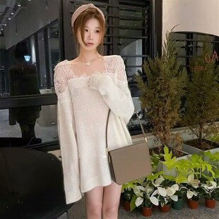 仙女白色镂空刺绣花朵拼接针织上衣 露肩宽松毛衣女 秋冬新打底衫