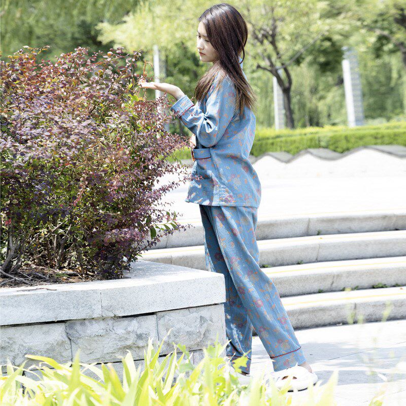 2022年新款双层纱家居服睡衣女纯棉全棉夏装短袖两件套可外穿薄款