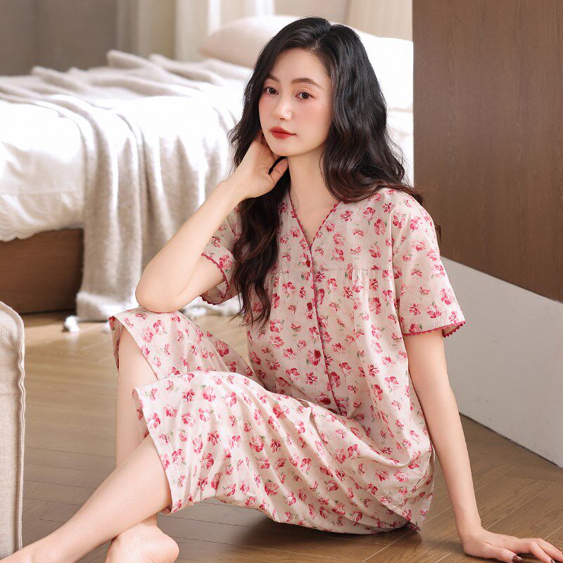 睡衣女士夏季梭织棉纱布纯棉短袖七分裤夏季全棉中年妈妈家居服