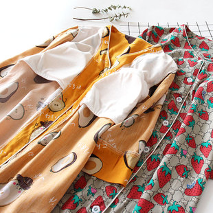 女士绵绸睡裙带胸垫 无领人造棉夏天裙子可外穿前开扣七分袖薄款