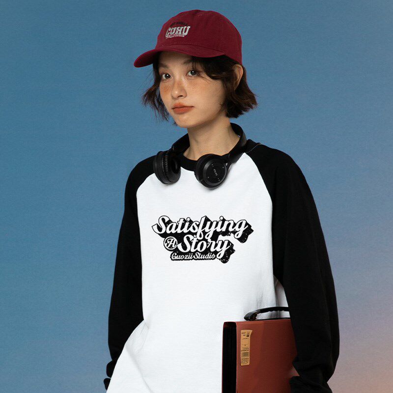 Guozii美式复古黑色插肩长袖t恤女男拼接设计秋冬薄款休闲上衣潮