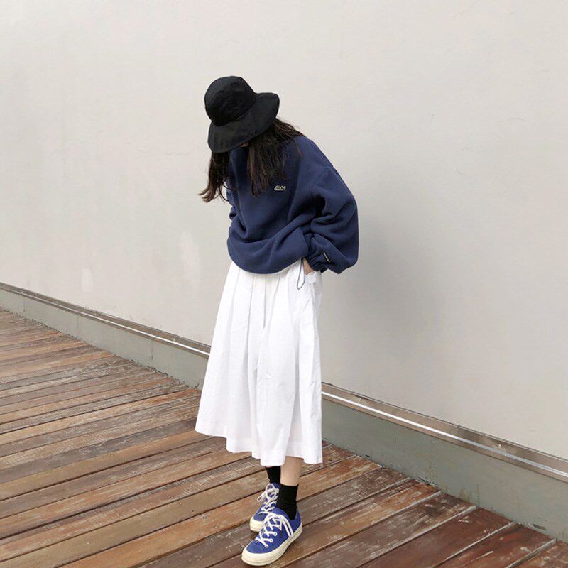 山本风半身裙女学生超仙白色百褶裙中长款纯棉A字裙百搭高腰长裙
