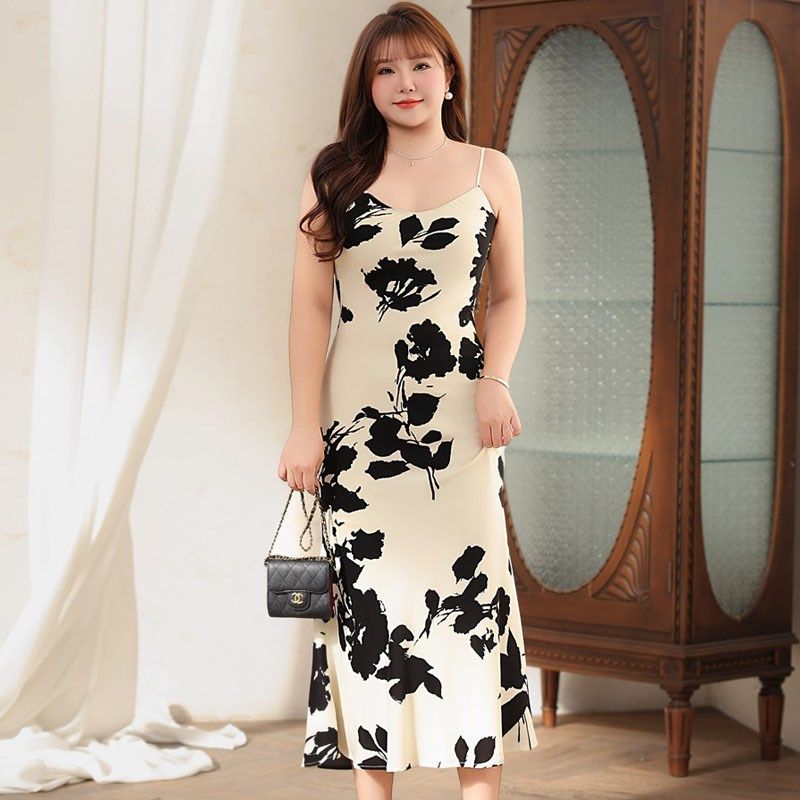 大码法式复古水墨印花V领吊带裙西装外套胖mm气质包臀连衣裙套装