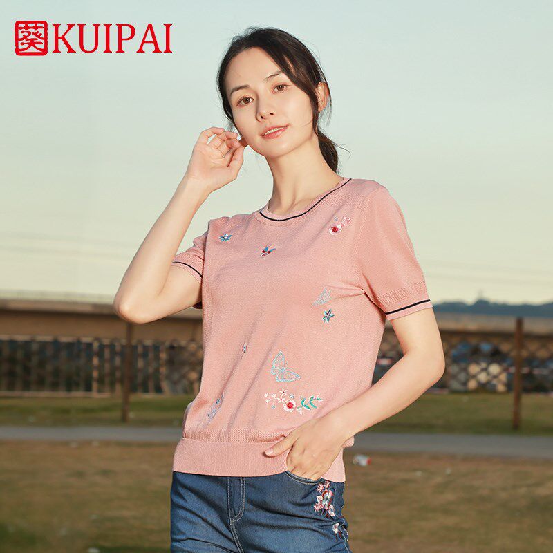 葵牌妈妈夏季短袖精致绣花针织毛衫洋气T恤中年女宽松打底上衣