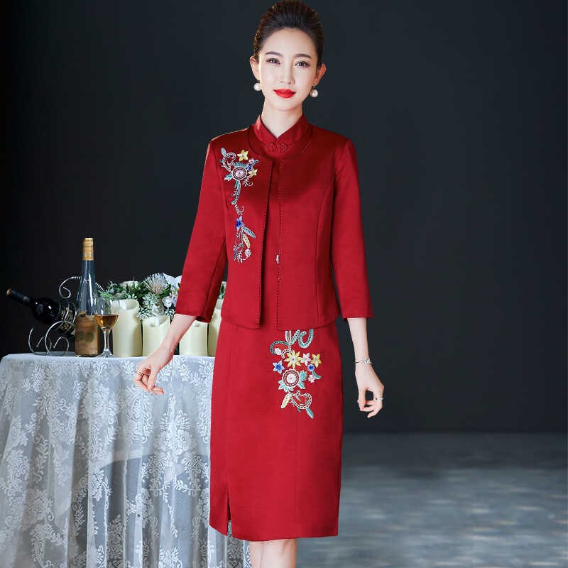 秋冬新款喜婆婆婚宴装国风婚礼妈妈礼服喜庆新中式旗袍套装连衣裙