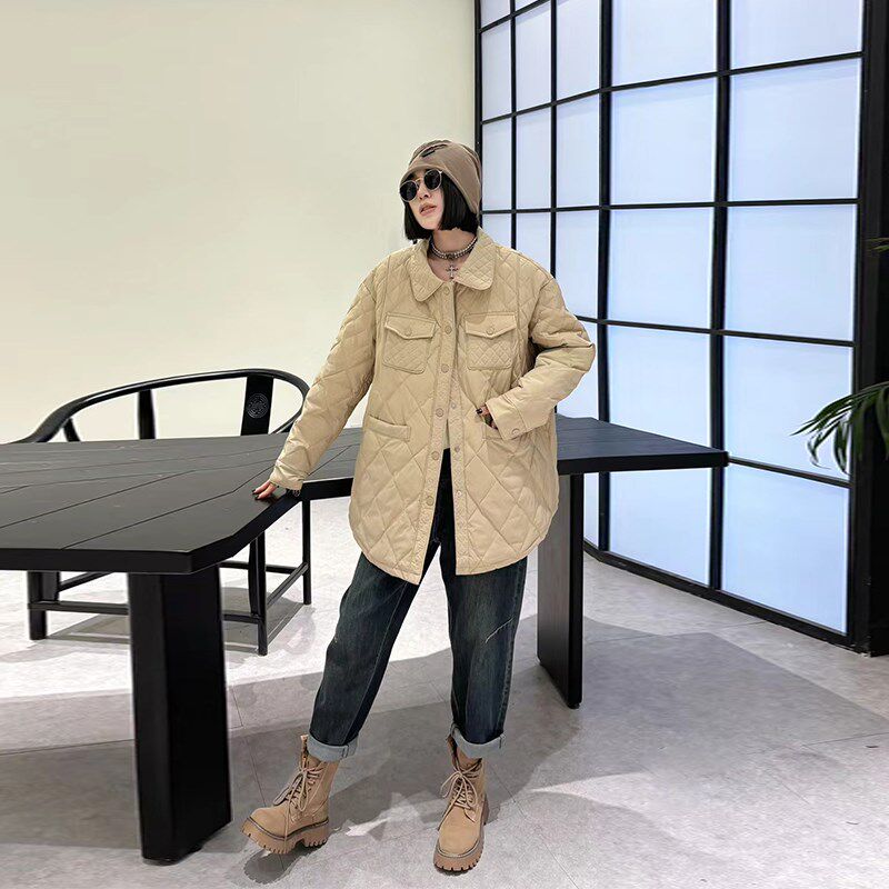 加大码女装翻领长袖开衫菱形格轻薄棉服胖妹妹秋冬款韩版百搭外套