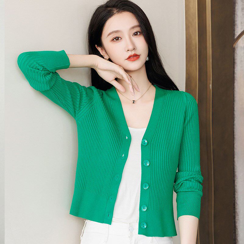 v领薄款针织开衫女秋季2024新款 小个子上衣高腰修身短款毛衣外套