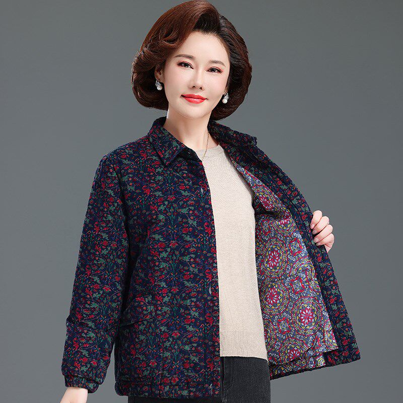 妈妈夹棉短外套春秋装纯棉新款小棉衣中老年妇女50岁大码轻薄棉袄