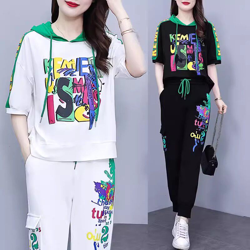 胖mm显瘦套装夏装运动休闲2025新款大码遮肉减龄T恤两件套女时尚