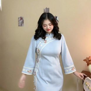 改良版 胖mm清新气质刺绣甜美新中式 大码 旗袍连衣裙秋季 自制款