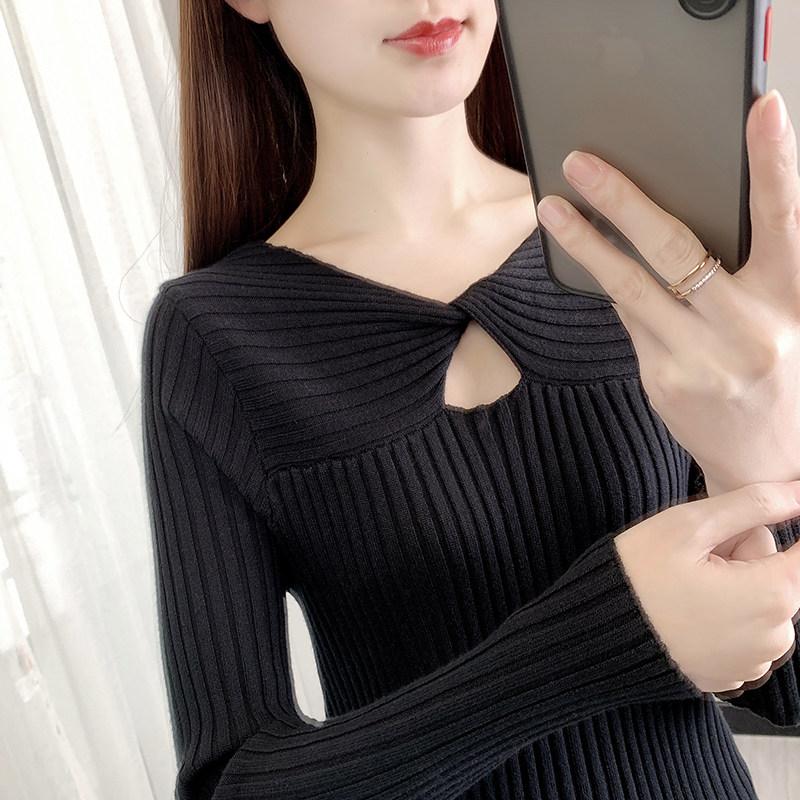 黑色打底衫女春秋新款长袖上衣小线衫短款内搭毛衣秋季薄款针织衫