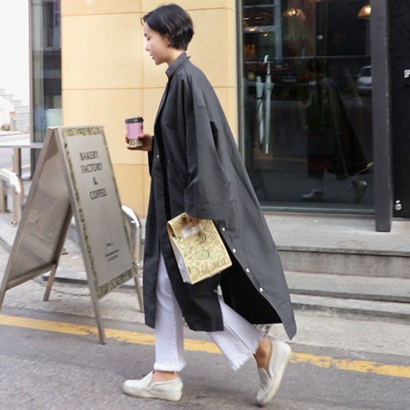 纯诗曼早秋新款薄款风衣女中长款韩版宽松大码时尚西装领纯色外套