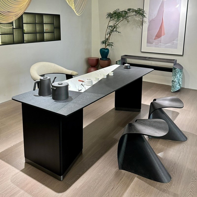 新中式实木茶桌2025新款北美黑胡G桃木泡茶台简约岩板家用茶桌