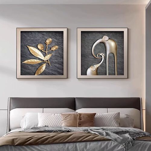 侘寂风卧室床头装饰画抽象主卧房间高级感壁画正方W形几何餐厅挂
