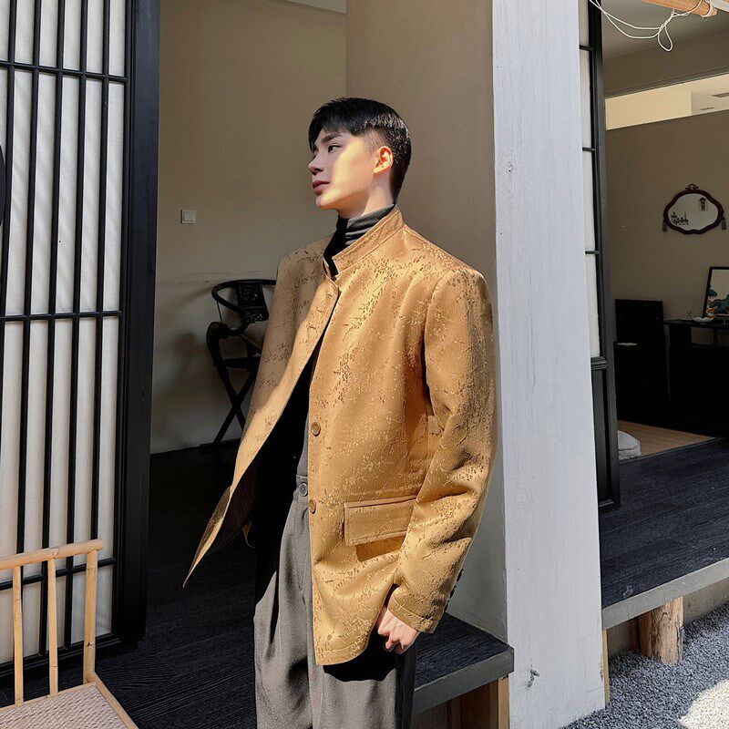 冬装复古提花设计两面穿西服男国潮中山装立领洋气高级感西装外套