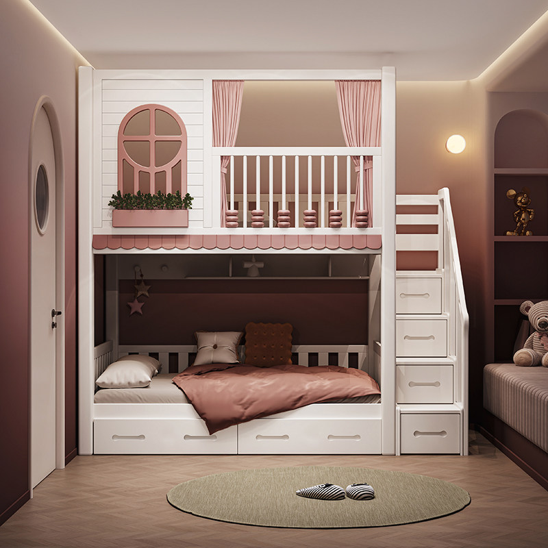 全实木高b护栏上下铺双层牀子母牀女孩公主双人牀儿童双层牀上下
