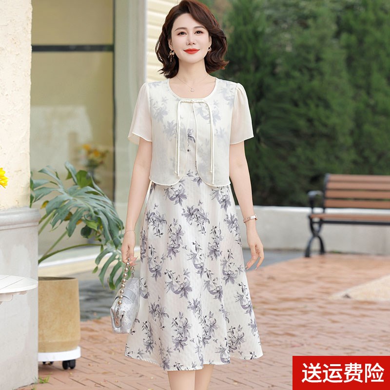 年轻妈妈夏装雪纺连衣裙2025新款气质高贵中老年女夏季裙子假两件