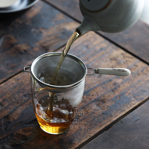 细密过滤304不k锈钢茶漏寻味堂陶瓷柄茶叶过滤网茶道配件滤茶器