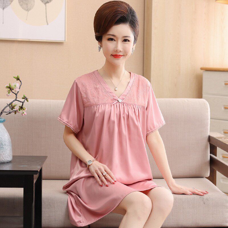 妈妈睡裙女夏季冰丝薄款短袖中老年睡衣裙丝绸夏天中裙真丝家居服