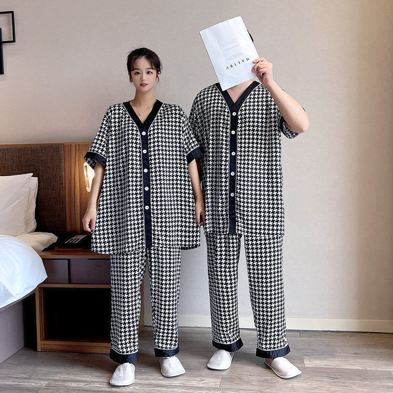春夏V领大码情侣睡衣女200斤冰丝薄款短袖长裤韩版男士家居服套装