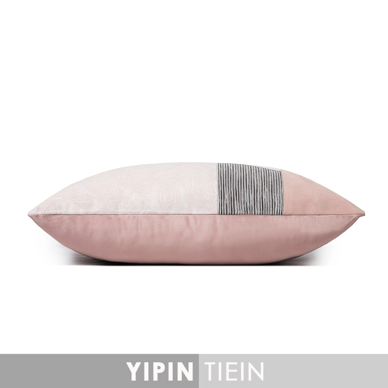 藝品粉色可爱图案拼灰色条纹床品靠垫样板房R女孩房儿童区腰枕