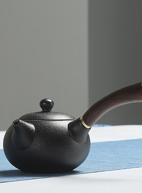 粗陶侧把壶手工黑陶m日式仿古木柄茶壶陶瓷单壶功夫茶具普洱泡茶