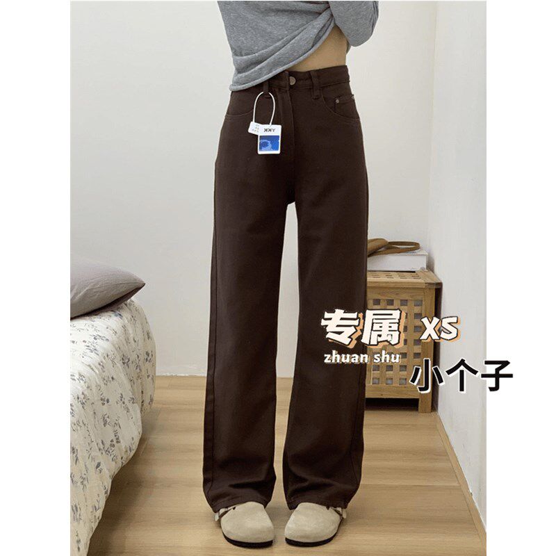 复古咖色阔腿牛仔裤女春秋季小个子高腰直筒垂感宽松慵懒休闲长裤