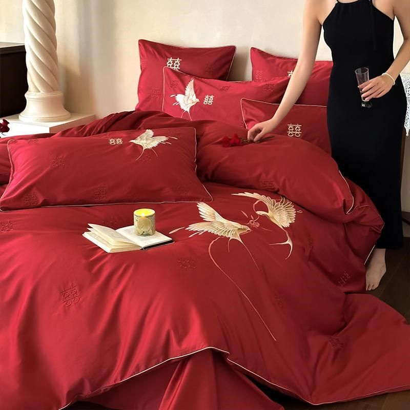 简约大气婚庆长绒棉四件套刺绣全棉被套床单结婚Y乔迁婚嫁床品