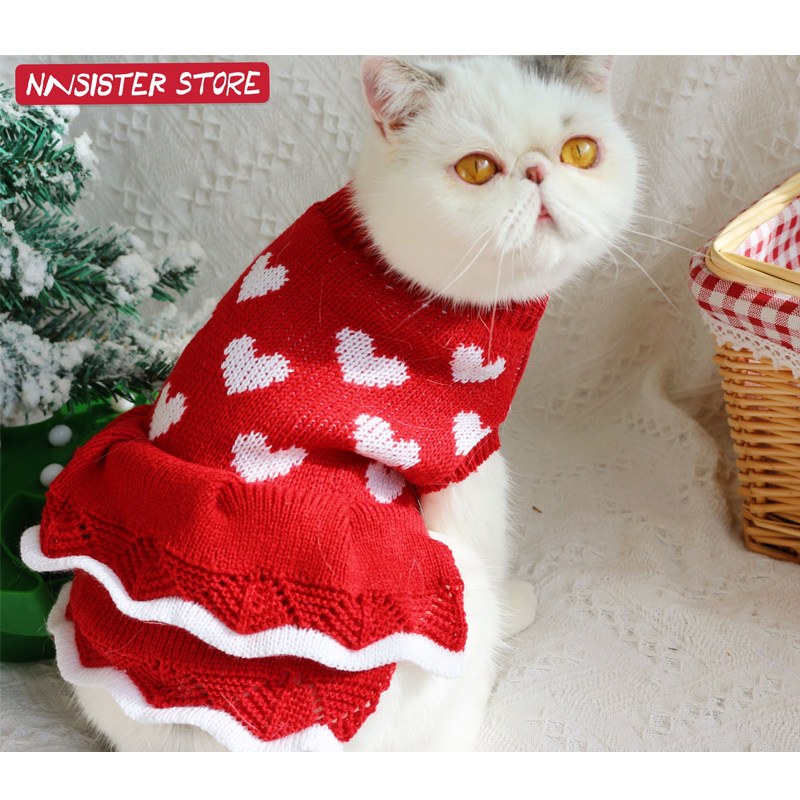 红色蛋糕裙~猫咪衣服可爱秋冬公主连衣裙 新年喜庆保暖毛衣狗圣诞