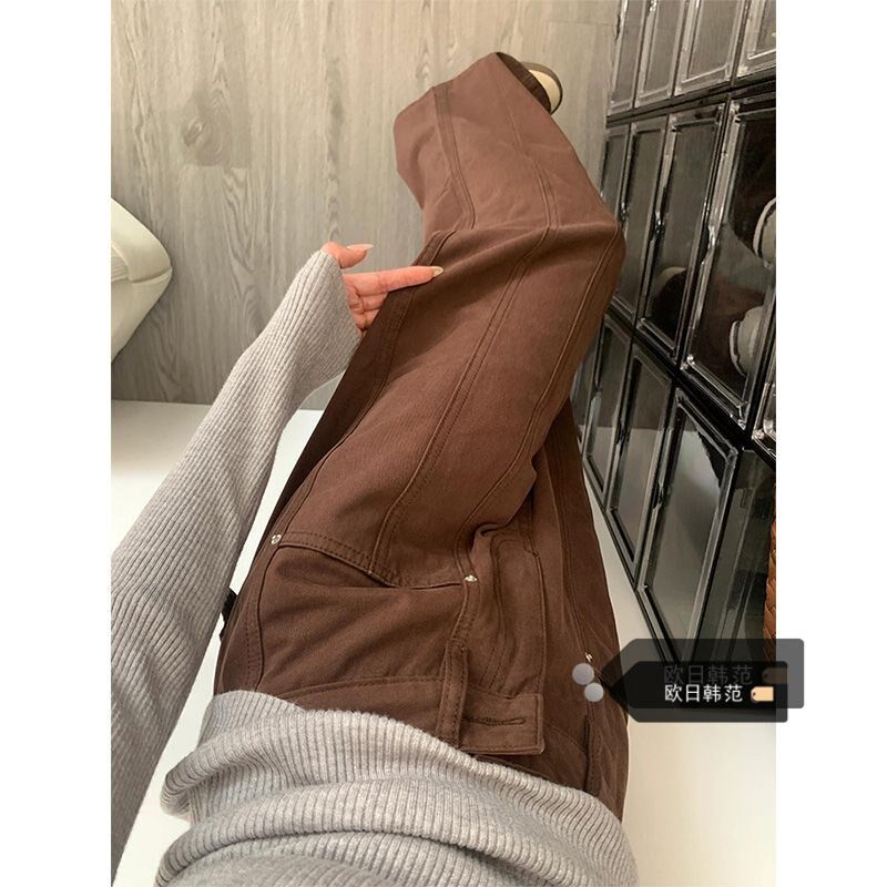 大码小个子高腰宽松复古棕色工装牛仔裤女秋季垂感直筒阔腿休闲裤